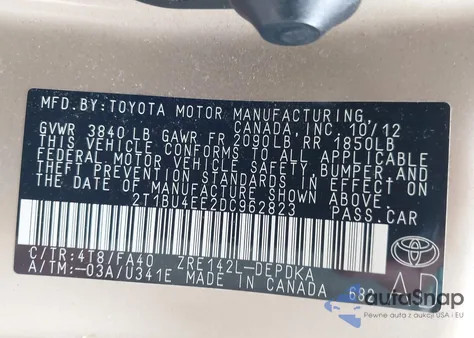 2013 Toyota Corolla L from USA, damaged, VIN 2T1BU4EE2DC962823
